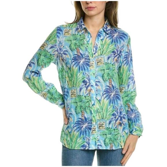 100 % Linen J McLaughlin Shirt L Floral Palm Button Front Long Sleeve - Picture 1 of 10